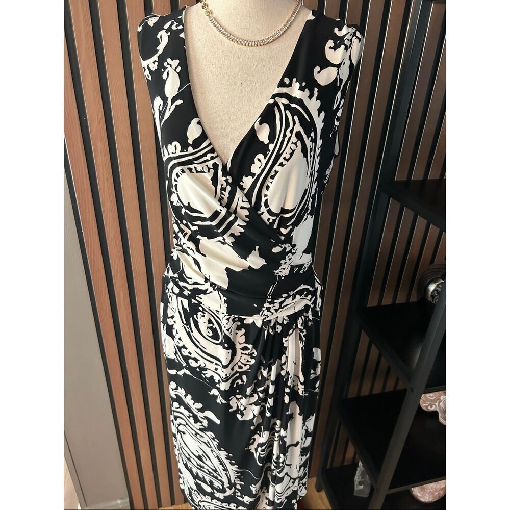 LAUREN RALPH LAUREN Midi Dress Women SZ 10 Black White Paisley Sleeveless V-Neck
